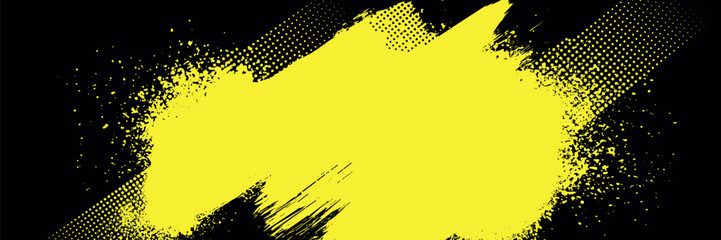 Aufkleber - Abstract grunge texture and halftone banner design. Dots yellow color pop art comics sport style vector illustration. Black and yellow abstract background with brushstroke and halftone style.