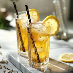 A photograph of two glasses filled with sweet and sour ginger ale, garnished with lemon slices on the rim, placed on an elegant marble tray