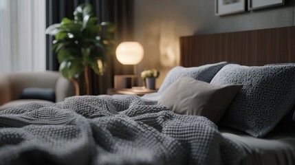 Wall Mural - Close-up of grey blanket and cushions on bed with wooden bedhead in bedroom interior with lamp, plant and armchair