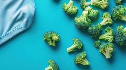 Wall Mural - Blue athletic shirt and broccoli florets on teal background.