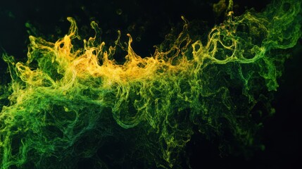 Wall Mural - Abstract green and yellow smoke or fire on black background.