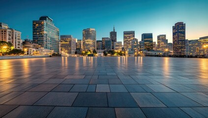 Wall Mural - Cityscape at dusk, empty plaza with city skyline reflected on the ground.