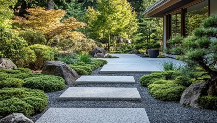 Wall Mural - Serene Japanese garden path with stepping stones, gravel, and lush greenery.