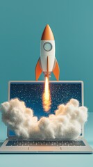 Poster - A fun illustration depicts a colorful rocket blasting off from a laptop, surrounded by soft, fluffy clouds, symbolizing creativity and technological innovation.