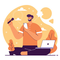 Poster - A young Caucasian man holding a smartphone and microphone, sitting comfortably with a laptop, illustrating a modern digital lifestyle and communication.