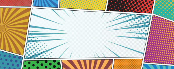 Aufkleber - Collection of empty comic speech bubbles with halftone shadows. Blank white speech bubbles of different shapes. Rays, radial, halftone, dotted effects.
