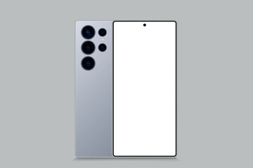 Poster - Modern smart phone device, trendy portable cellphone gadget with blank white screen and front view isolated on white background Smartphone front back view with camera layout for presentation