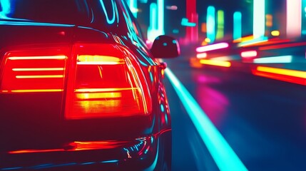 Wall Mural - Vibrant night scene featuring a car in motion amidst colorful neon light on a city street