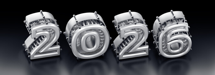 Aufkleber - The New Technological Year of 2026. Designed in a modern steampunk style a row of 3D digits composed into the number of 2026 on reflective surface. 3D-rendered graphics in isometric projection.