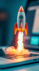 Poster - A dynamic image showing a rocket blasting off from a MacBook, symbolizing innovation, ambition, and the ever-expanding horizons of technology in our lives.