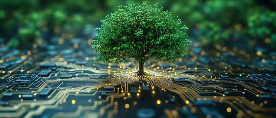 Tree growing on a computer circuit board