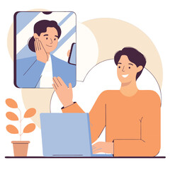 Poster - A diverse group of individuals engaged in virtual communication, featuring a light-skinned man in front of a laptop and a woman behind him.