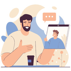 Poster - A man with light skin talking via a smartphone, appearing cheerful in a modern digital setting. The illustration reflects a relaxed atmosphere.