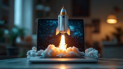Poster - This captivating image depicts a rocket launching from an open laptop, symbolizing innovative ideas and limitless possibilities in a cosmic environment filled with stars.