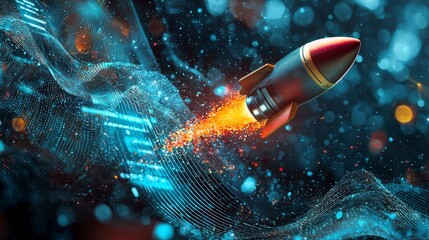 Fototapete - A retro-styled rocket launches through a digital cosmos, blending nostalgia with modern technology, symbolizing the enduring human spirit of exploration and innovation.
