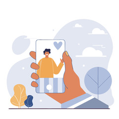 Poster - A digital illustration showing a person using a smartphone to connect with someone. The style is modern and abstract, featuring diverse elements and colors.