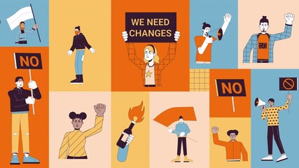 Poster - Protest demonstration animated bento grid layout. Free speech. Riots. Rebel activists diverse people with placards 2D animation flat cartoon ui collage design. 4K video motion graphic collection