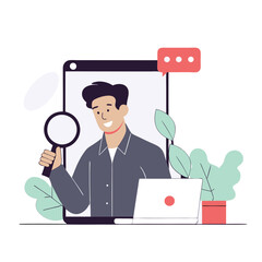 Poster - a conceptual illustration of an individual, possibly of asian descent, using a magnifying glass whil