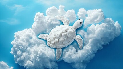 Aufkleber - A graceful white turtle rests atop a soft, cotton-like cloud, set against a stunning backdrop of bright blue sky. Sunlight bathes the scene, creating an ethereal and dreamlike atmosphere