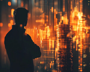 Poster - Silhouette of a businessman standing in front of stacks of coins and a digital financial graph, representing investment, success, economic growth, and business strategy in the financial market.