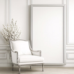 Wall Mural - Elegant white armchair with floral arrangement, set against a wainscoted wall and blank silver frame.