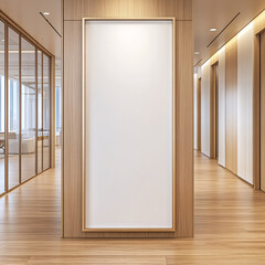 Wall Mural - Modern office hallway featuring a large blank poster frame, wood paneling, and glass-walled rooms.