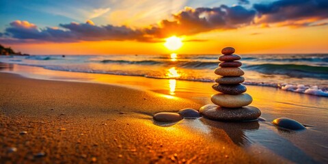 Wall Mural - Serene Sunset Beach: Balanced Zen Stones on Sandy Shore with Gentle Waves