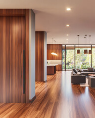 Wall Mural - Warm, inviting interior featuring sleek wood finishes, a modern kitchen, and a comfortable living space overlooking a bright, outdoor view.