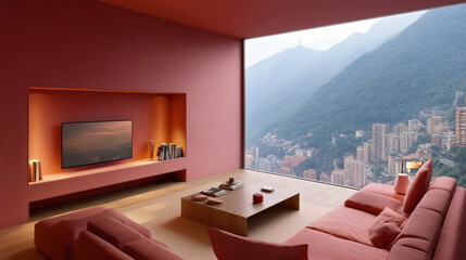 Wall Mural - Terracotta toned room overlooking a hillside city and mountains, featuring a built-in media center and modern furniture.