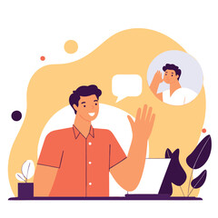 Poster - A digital illustration showing a European man engaging in virtual communication with plants and a laptop nearby. It portrays a friendly demeanor.