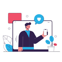 Poster - A young man of possibly European descent is showcasing a smartphone in a modern work environment, with plants and digital elements.