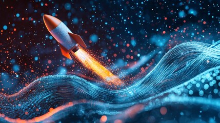 Poster - A vibrant rocket takes off amidst swirling cosmic waves, embodying adventure, innovation, and the spirit of exploration against a dazzling background of colors and light.