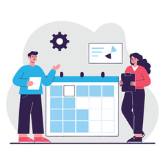 Poster - A diverse group of professionals in a meeting, discussing data on a calendar board. They appear to be engaged and focused, showcasing teamwork.