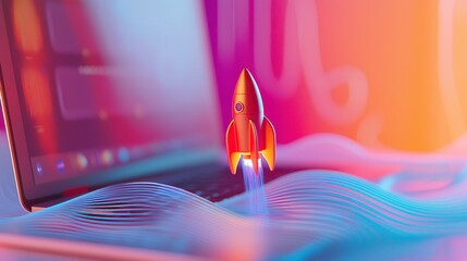 Poster - A playful rocket hovers over a laptop, symbolizing the fusion of technology and creativity, igniting a sense of wonder and innovation in a colorful digital landscape.