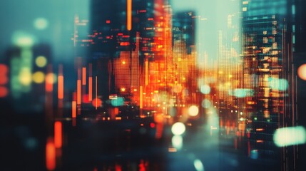 Poster - abstract glowing big data forex candlestick chart on blurry city backdrop. trade, technology, invest