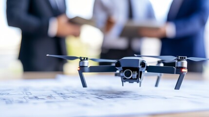 Aufkleber - A drone hovering over architectural plans while business professional discuss in the background