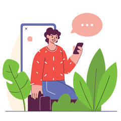 Poster - A European young man sits among colorful plants, engaging with his smartphone while surrounded by a vibrant and modern environment.
