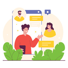 Poster - A diverse group of people, including european and african characters, engaging in a virtual conversation through a mobile interface, showcasing digital communication.