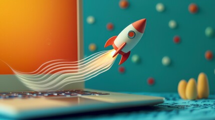 Poster - An imaginative concept where a colorful rocket is launching from a laptop screen, symbolizing innovation, creativity, and the digital age empowering ideas to take flight.
