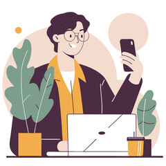 Poster - A person with light skin and curly hair taking a selfie while sitting at a desk adorned with plants and a laptop. Includes a cup by their side.