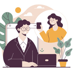 Poster - A diverse scene featuring a dark-skinned woman on a video call with a light-skinned man. Both smile, surrounded by plants in a cozy digital environment.