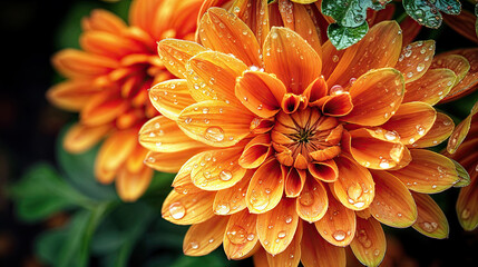 Wall Mural - Close-up view of an orange dahlia, showcasing intricate details of the petals and water droplets.