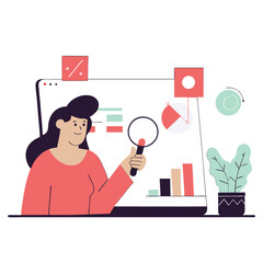 Poster - A woman of European descent observes data on her computer in a contemporary workspace, surrounded by colorful decorations and plants.