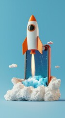 Poster - A captivating depiction showcasing a colorful rocket rising from a smartphone, bursting through stylized clouds, conveying messages of innovation, ambition, and creativity.