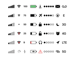 Poster - Phone bar status Icons, battery drain in green, Mobile indicator of time, Wi-Fi signal. Status bar icon set mobile icons - GUI design set - status bar icons - battery life icons.