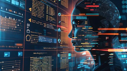 Poster - A digital representation of a human figure engaging with vibrant data displays in a futuristic environment