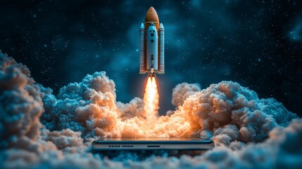 Poster - In this fantastical image, a rocket ascends from a smartphone, enveloped by thick clouds, signifying the blend of technology and dreams, representing human innovation.