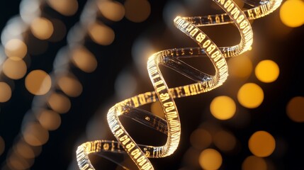 Poster - Close-up of a glowing DNA double helix structure with blurred golden light in the background