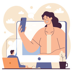 Poster - An illustration depicting two individuals, one African and one European, engaged in a virtual communication over a digital screen.