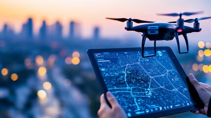 Poster - Aerial drone flight over a cityscape at dusk, showcasing technology and urban development